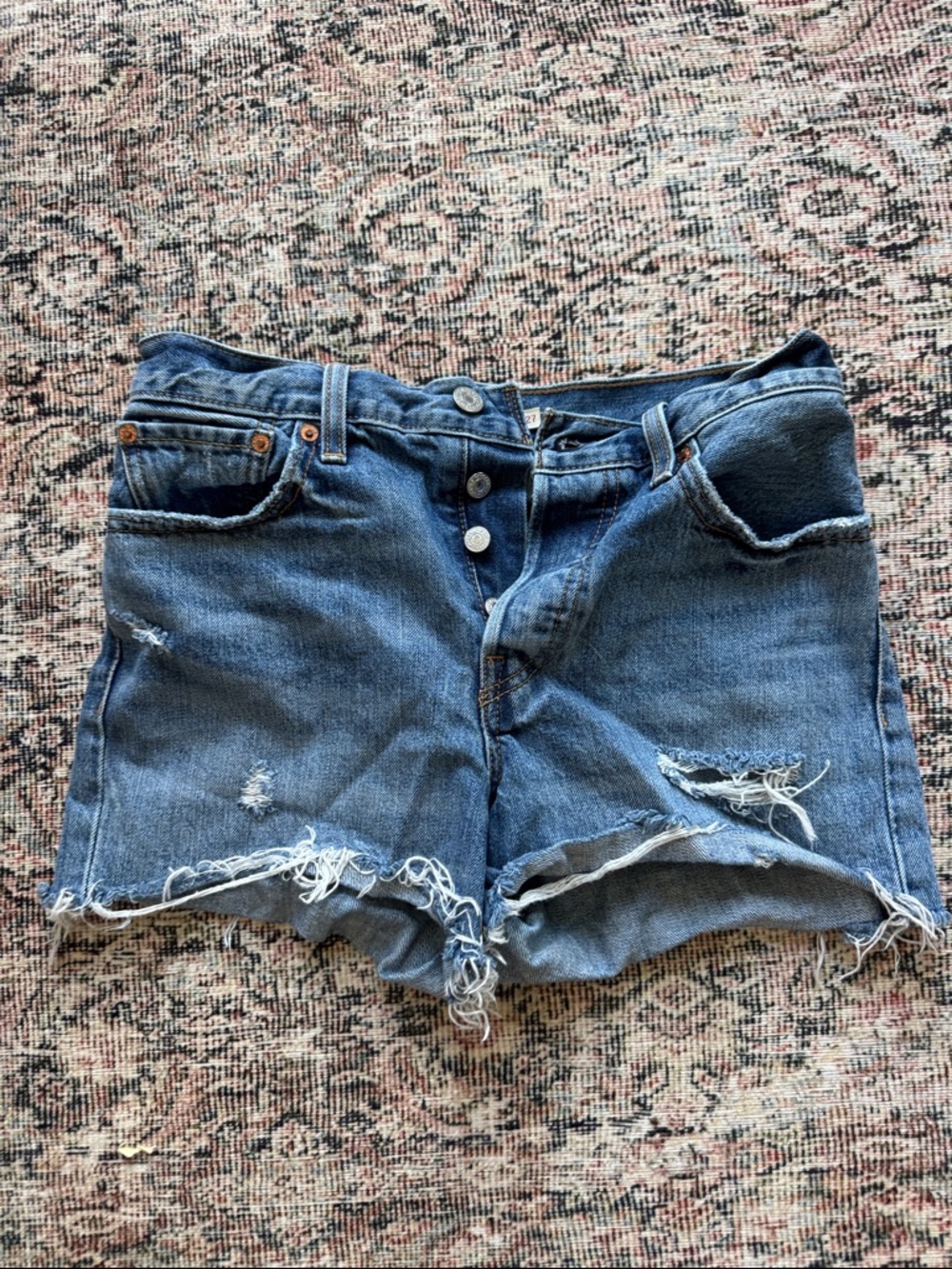 Levi's Distressed Raw Hem Blue Denim Shorts